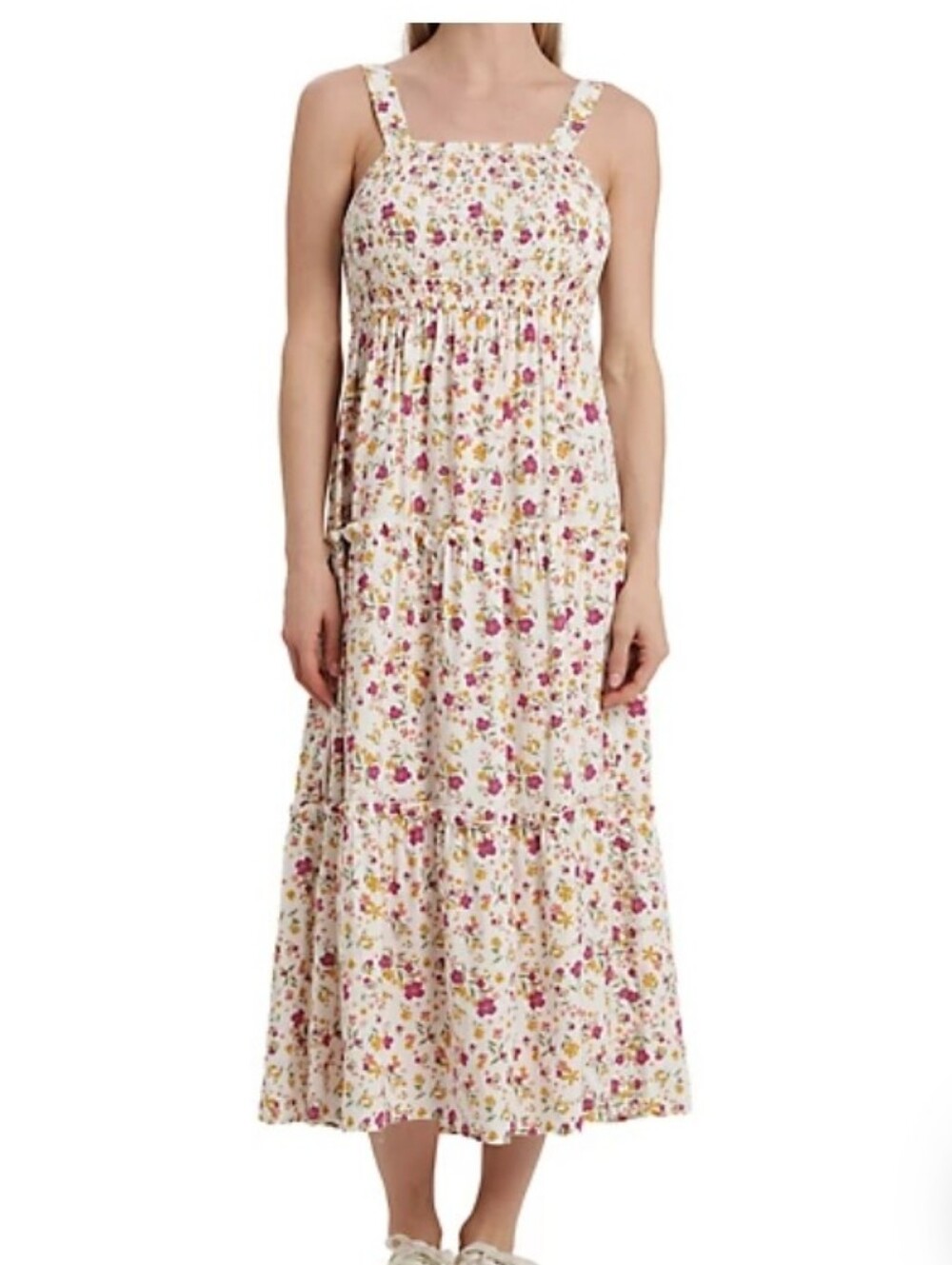 Vintage  Thread Cream Floral Maxi Dress with Pink & Yellow Blooms